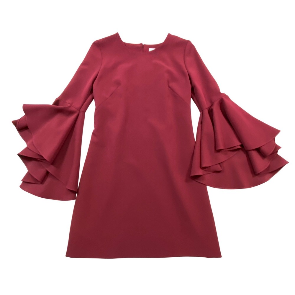 Milly Burgundy Tiered Bell Sleeve Crepe Shift Dress‎ Cocktail Valentines Size 2